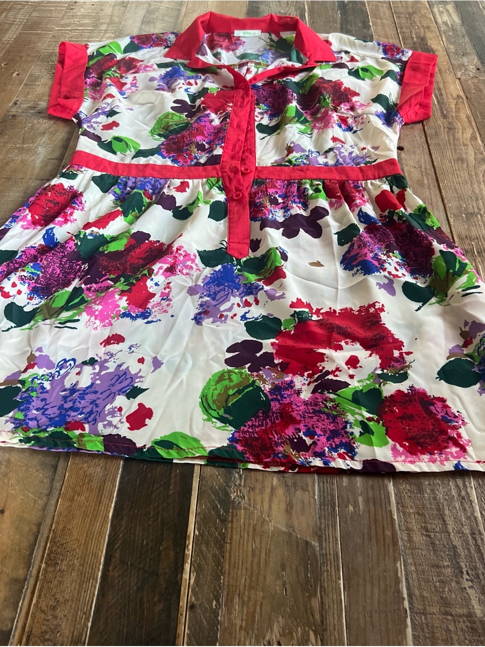 Floral Button-Front Blouse with Red Trim